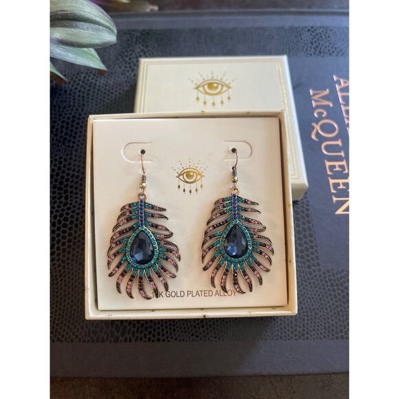Crystal Peacock Feather Drop Earrings EYE CANDY LOS ANGELES - Picture 3 of 4